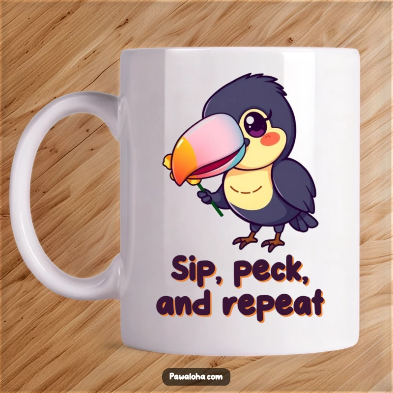 Funny Toucan Mug featuring a cheerful toucan with a vibrant, colorful beak, delicately offering a flower petal.