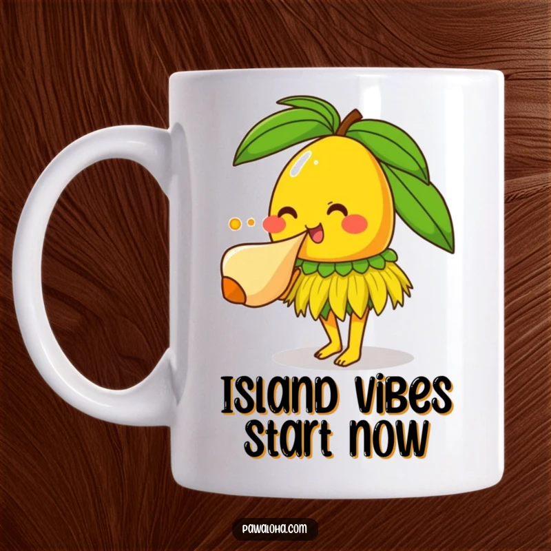 Funny happy mango character in grass skirt blowing a conch shell, bringing tropical vacation vibes on a mug.