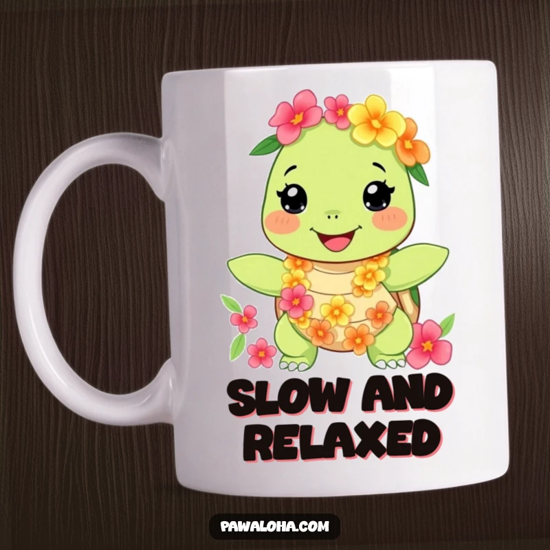 Funny turtle character mug wearing a floral lei and necklace, radiating happiness and tropical vibes. Great gift.
