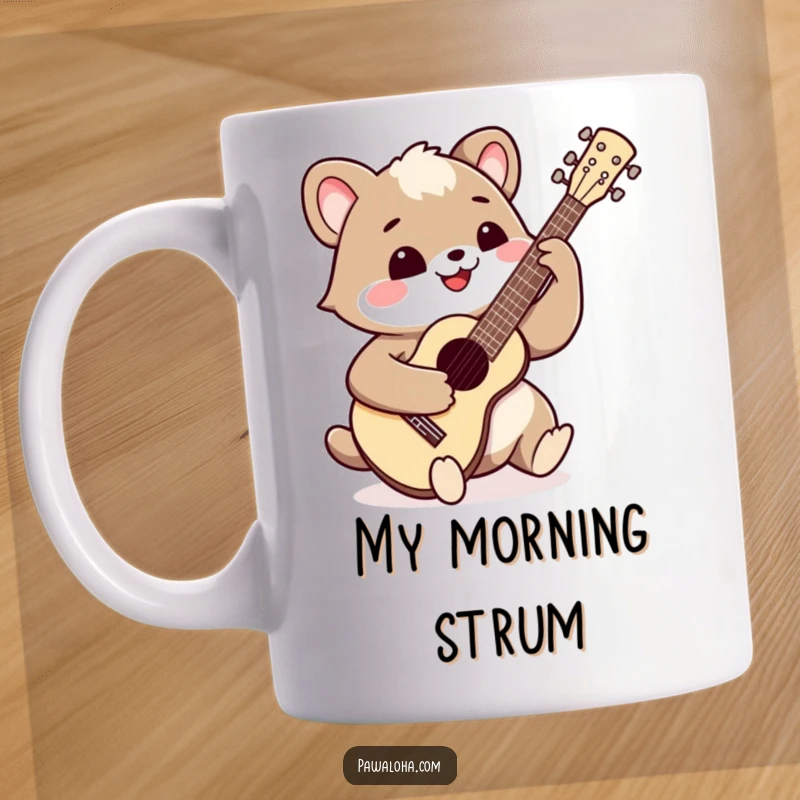 Funny happy animal character playing a ukulele with a wide smile on a mug. Radiates pure joy and musical cheer.