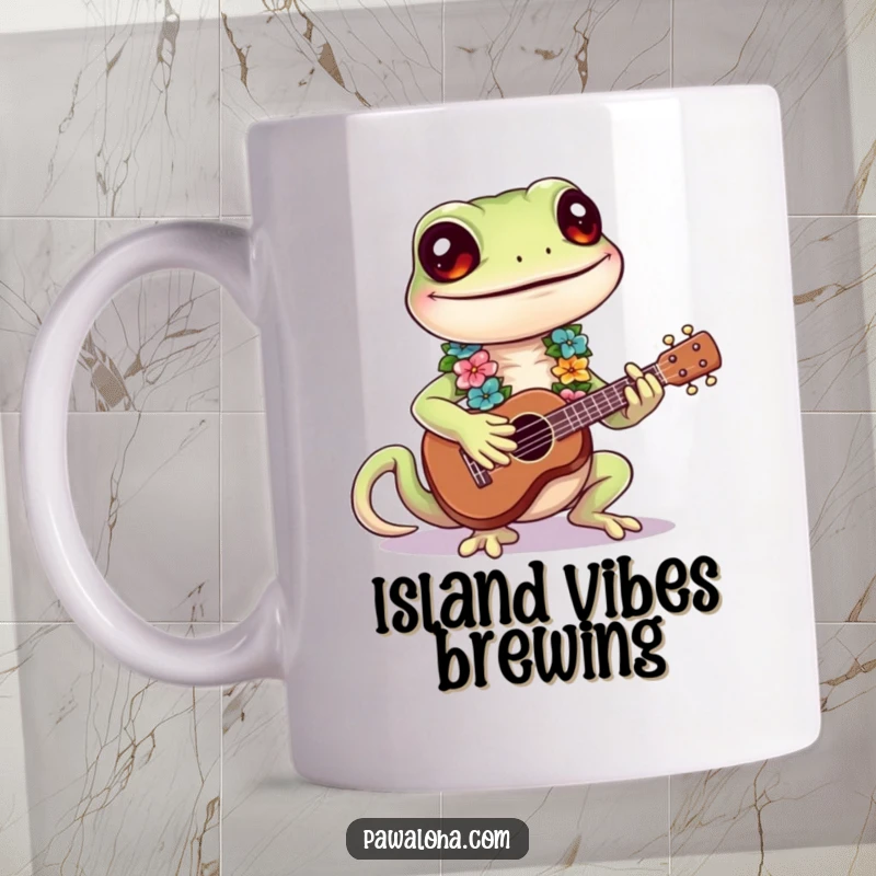 Funny Gecko Mug featuring a cute, smiling gecko in a lei playing a ukulele, a humorous gift for music lovers.