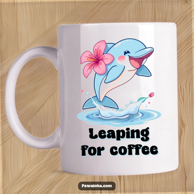 Funny dolphin character mug leaping joyfully out of the water, holding a hibiscus flower, embodying ocean fun.