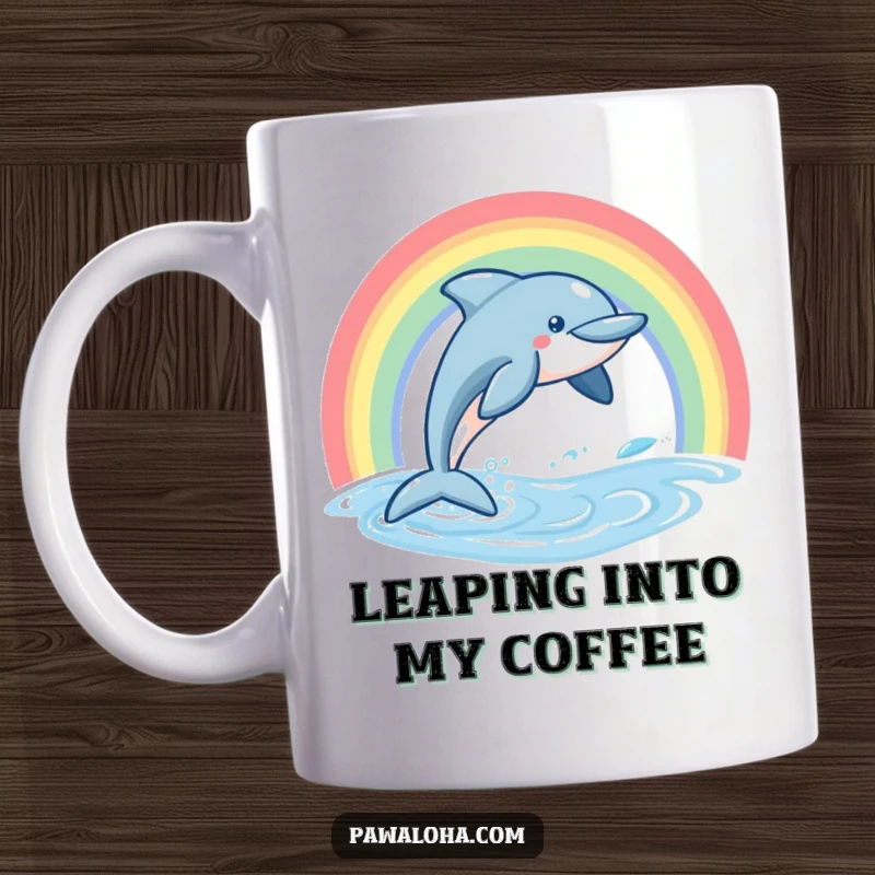 Funny Dolphin Mug showing a friendly dolphin leaping gracefully from water with a vibrant rainbow arching behind it.
