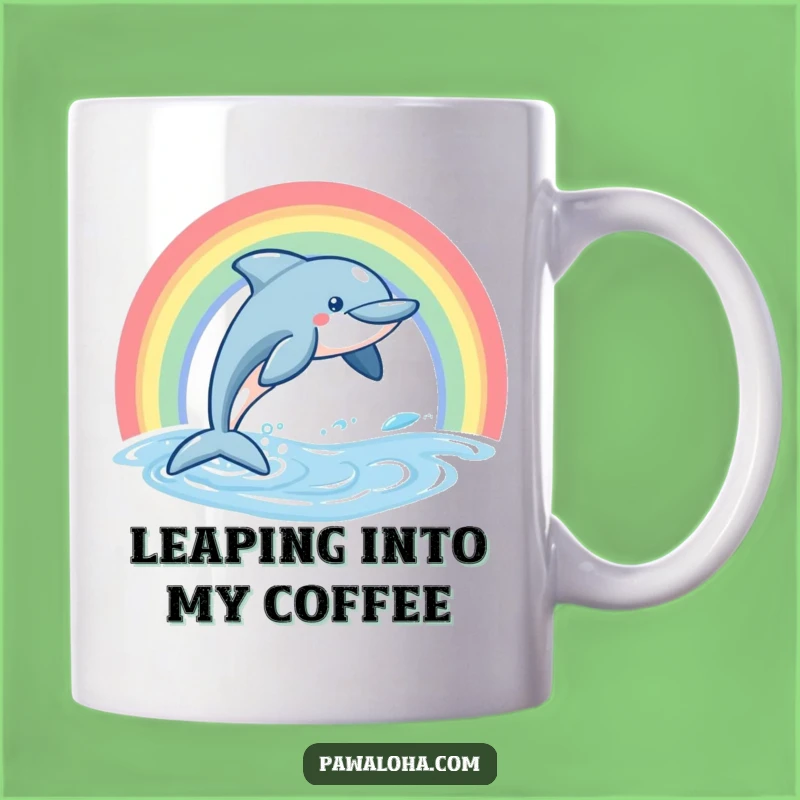 Funny Dolphin Mug, Leaping Rainbow Ocean Design, Perfect Joyful Gift