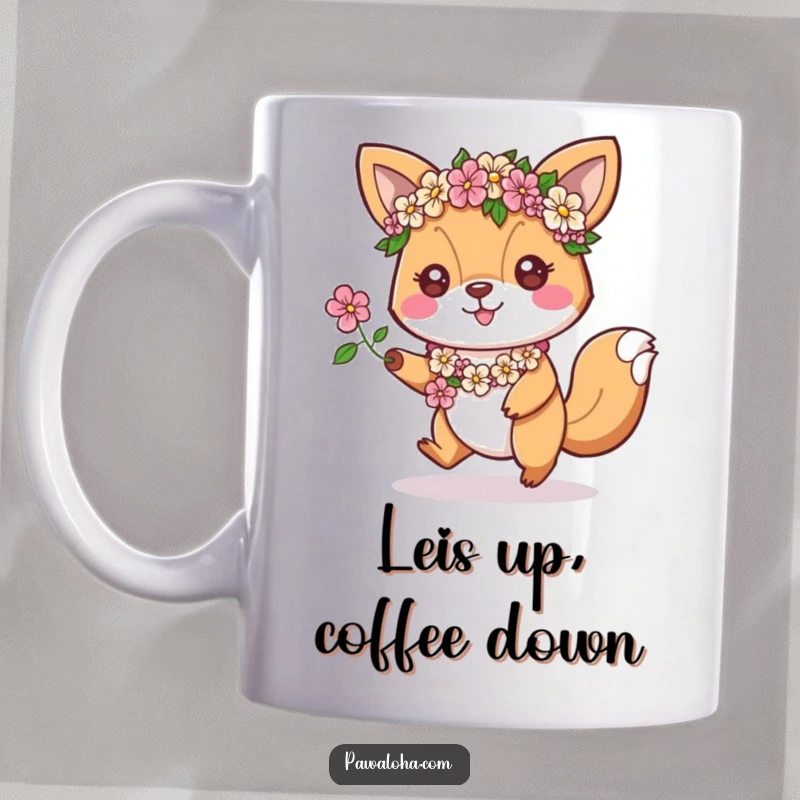 Funny Mug: An animal character with floral leis hops enthusiastically in place, exuding pure, joyful energy.