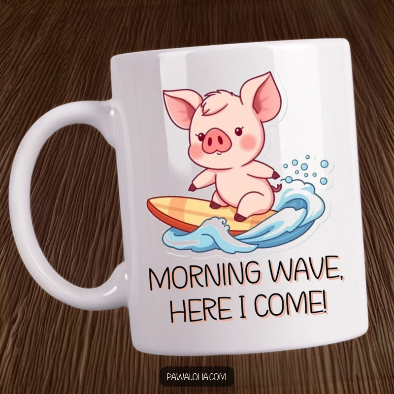 Funny piglet character playfully preparing to surf a gentle wave, showcasing joy and adventure on this mug.