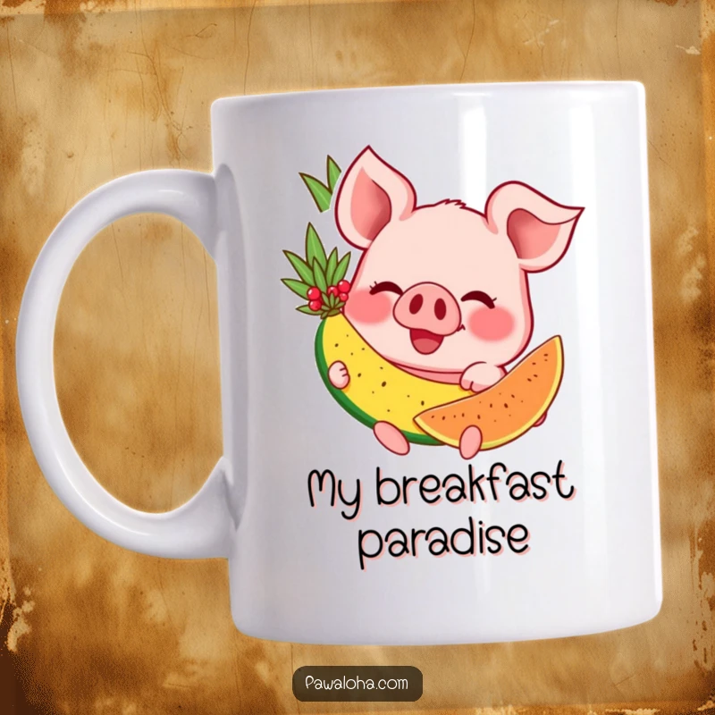 Funny pig mug with a wide grin, happily munching on a vibrant tropical fruit, radiating pure bliss and summer vibes.