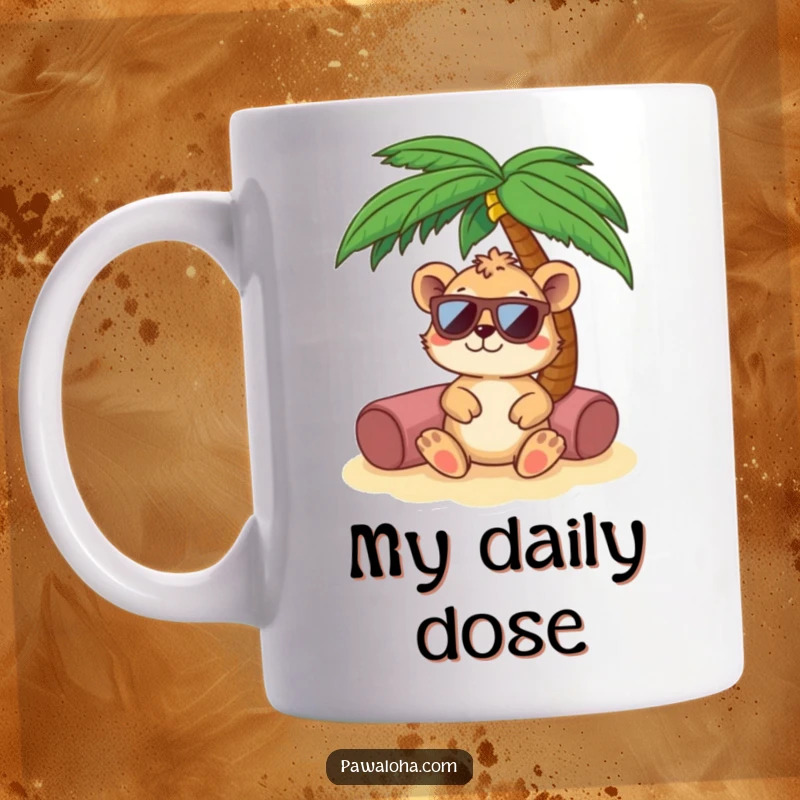 Funny animal character wearing cool sunglasses, relaxing under a palm tree on a mug. Evokes ultimate relaxation and vacation vibes.