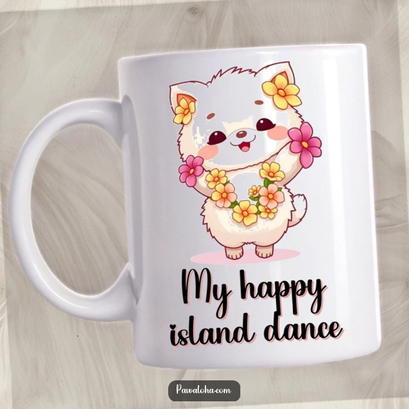 Funny fluffy animal in a flower lei dancing joyfully on a mug. Captures pure happiness and whimsical celebration.