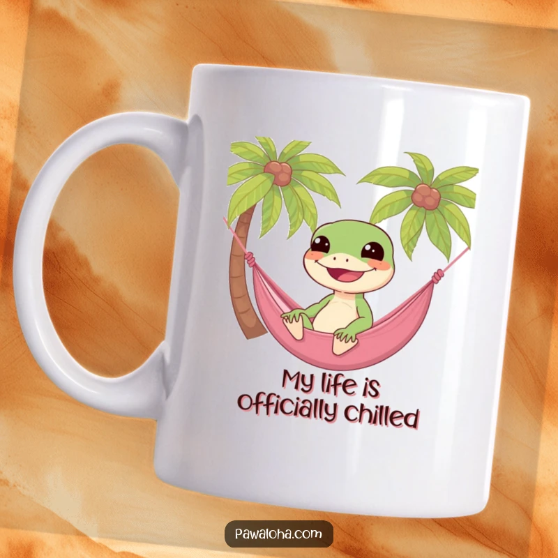 Funny gecko character lounging in a hammock between palm trees, embodying ultimate relaxation and vacation vibes on this mug.