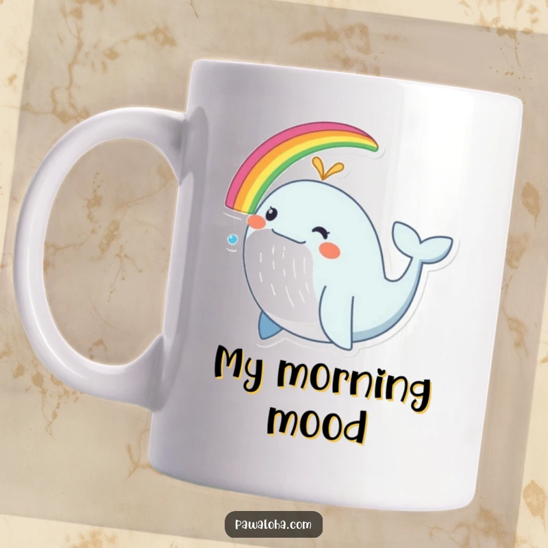 Funny whale mug spouting a vibrant rainbow with a joyful expression, perfect for a cheerful morning.
