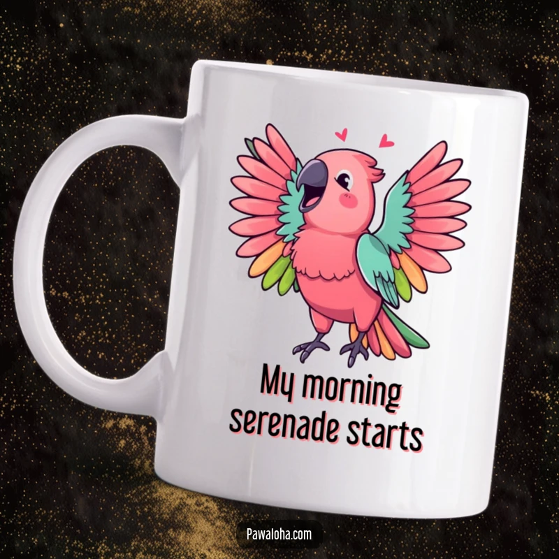 Funny Parrot Mug featuring a vibrant parrot with wings spread wide, singing a cheerful melody enthusiastically.