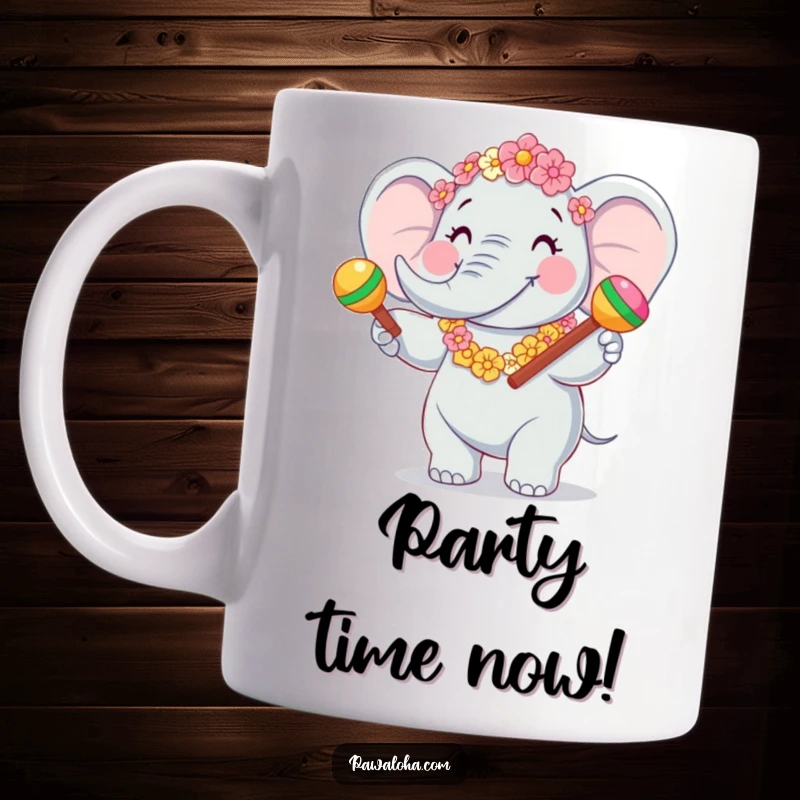 Funny Elephant Fiesta Mug featuring a joyful elephant character adorned with a flower garland and enthusiastically shaking maracas. Festive and fun.