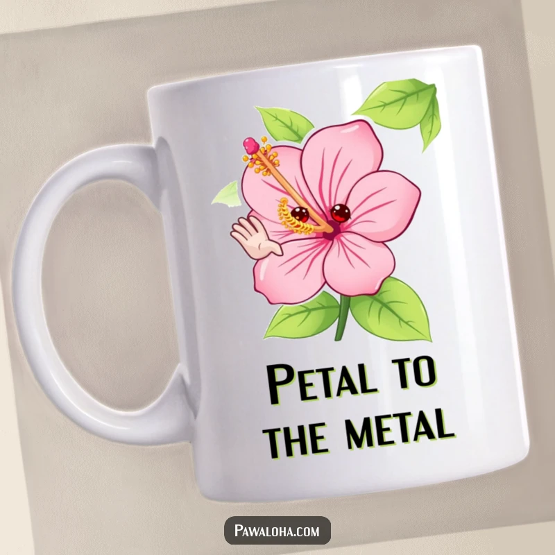 Funny hibiscus flower mug with a cute character adorably waving hello with its petals, bringing sunny vibes to your desk.