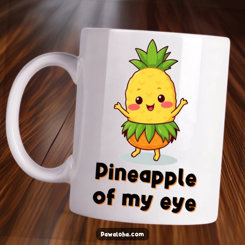 Funny Kawaii pineapple wearing a grass skirt, dancing joyfully on a mug, celebrating tropical fun.