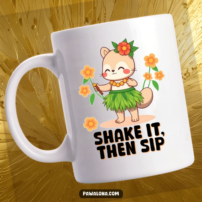 Funny Mug: A cute animal in a grass skirt joyfully participates in a hula dance, radiating tropical fun.