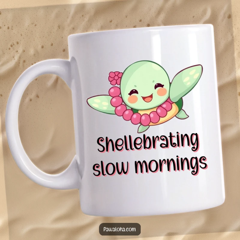 Funny sea turtle mug with a lei, swimming joyfully in the ocean, embodying a relaxed and happy vacation spirit.