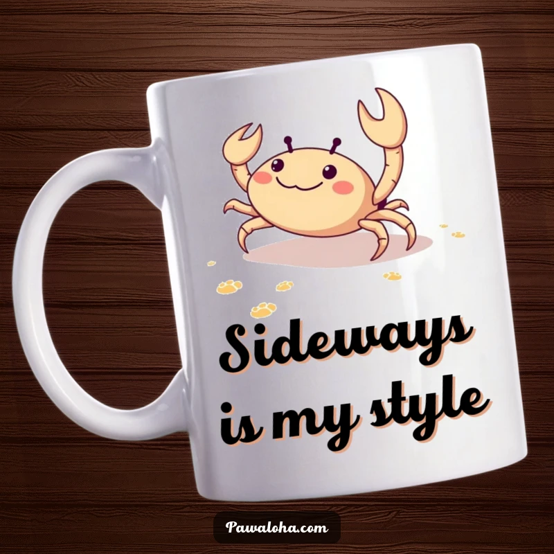 Funny crab mug showing a delighted crab scuttling sideways on sand, leaving tiny footprints, radiating pure joy.