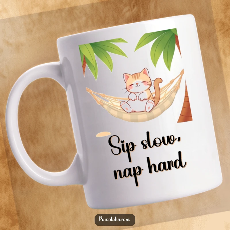 Funny Cat Hammock Mug featuring a relaxed cat character lounging comfortably in a hammock strung between palm trees. Peaceful and humorous.