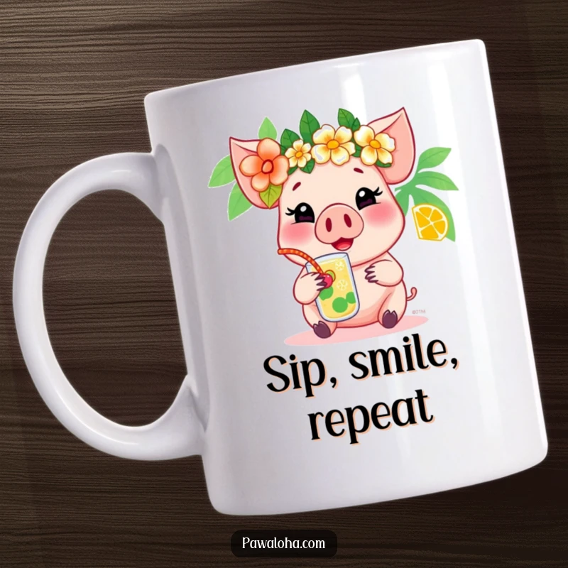 Funny pig mug showing a cheerful pig wearing a flower crown, sipping a tropical drink, embodying vacation and relaxation.