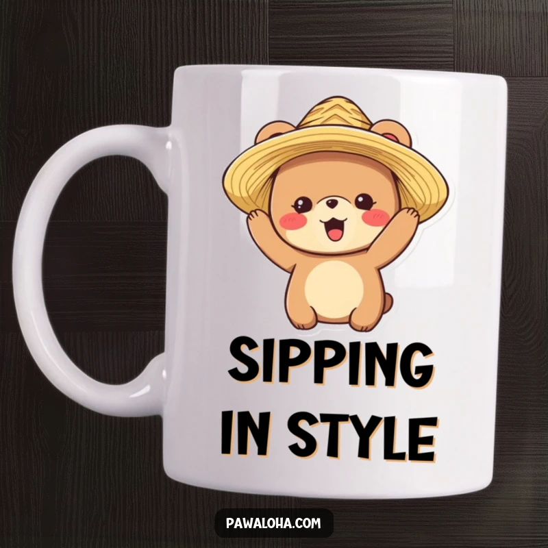 Funny bear mug featuring a delighted bear character happily trying on a straw hat, exuding vacation vibes.