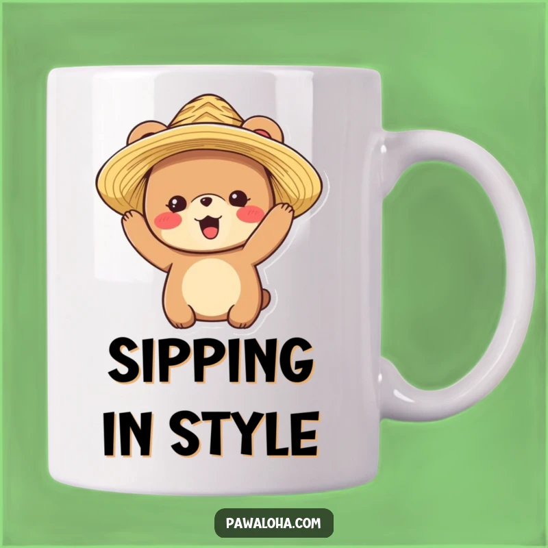 Funny Bear Vacation Mug: Delighted Bear in Straw Hat, Perfect Relaxing Funny Gift