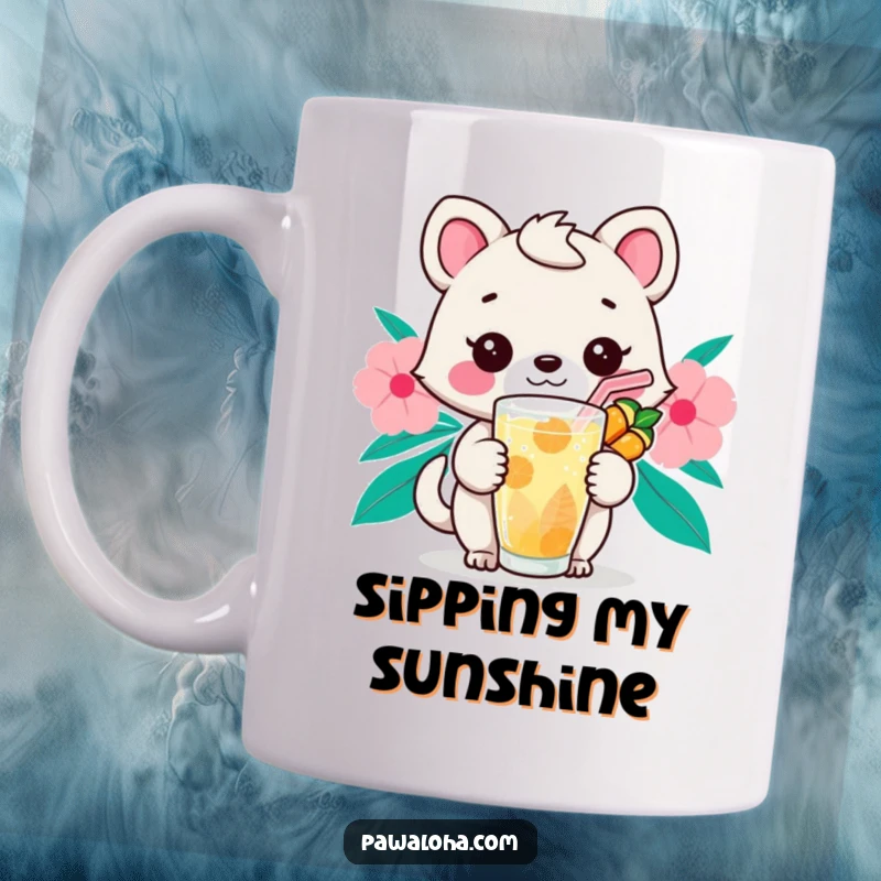 Funny Kawaii Sip Animal Mug: Cute cartoon creature holding a tropical drink with a straw, looking relaxed and happy.