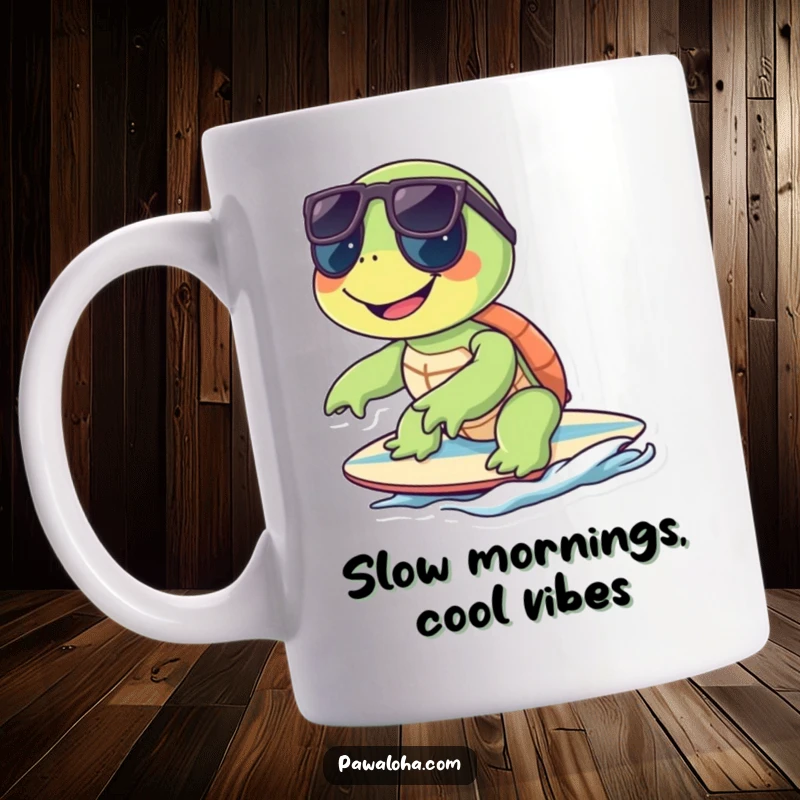 Funny smiling turtle in sunglasses riding a surfboard, looking cool and relaxed on this mug.