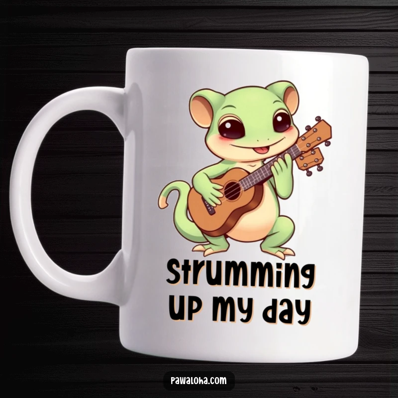 Funny Kawaii gecko energetically strumming a ukulele on a mug, celebrating music with joy and enthusiasm.