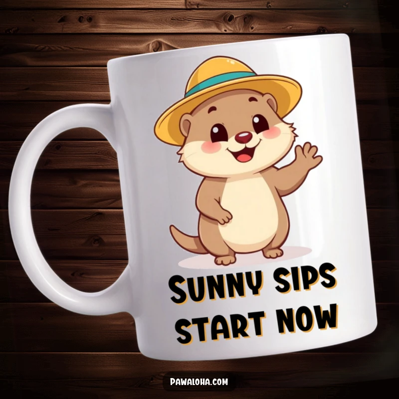 Funny Mongoose Wave Mug: A cheerful mongoose in a sun hat gives a friendly wave, radiating funny, sunny vibes.