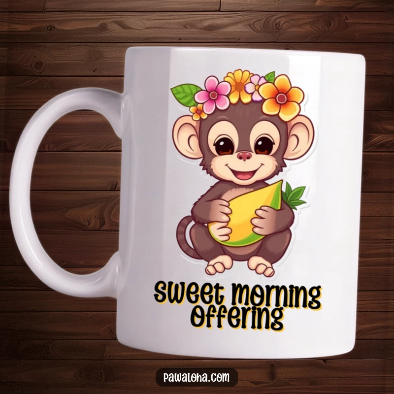 Funny mug showing a charming monkey adorned with a flower crown, sweetly offering a colorful tropical fruit with a friendly expression.