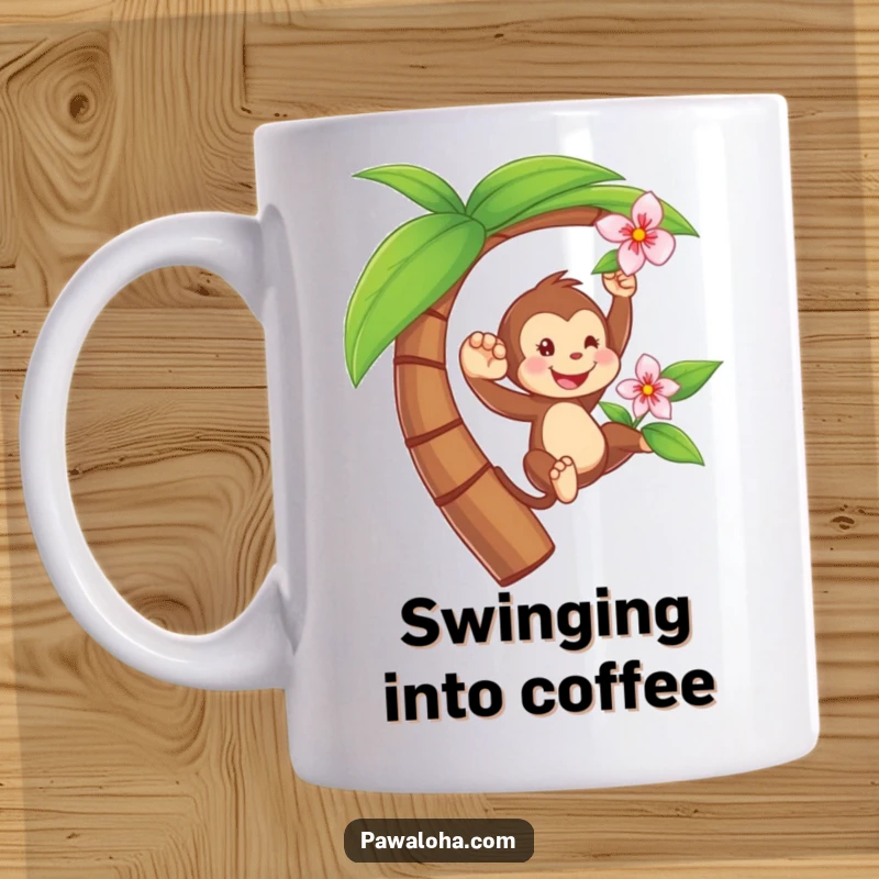 Funny mug featuring a playful monkey character joyfully swinging from a palm tree while holding a tropical flower, radiating jungle fun.