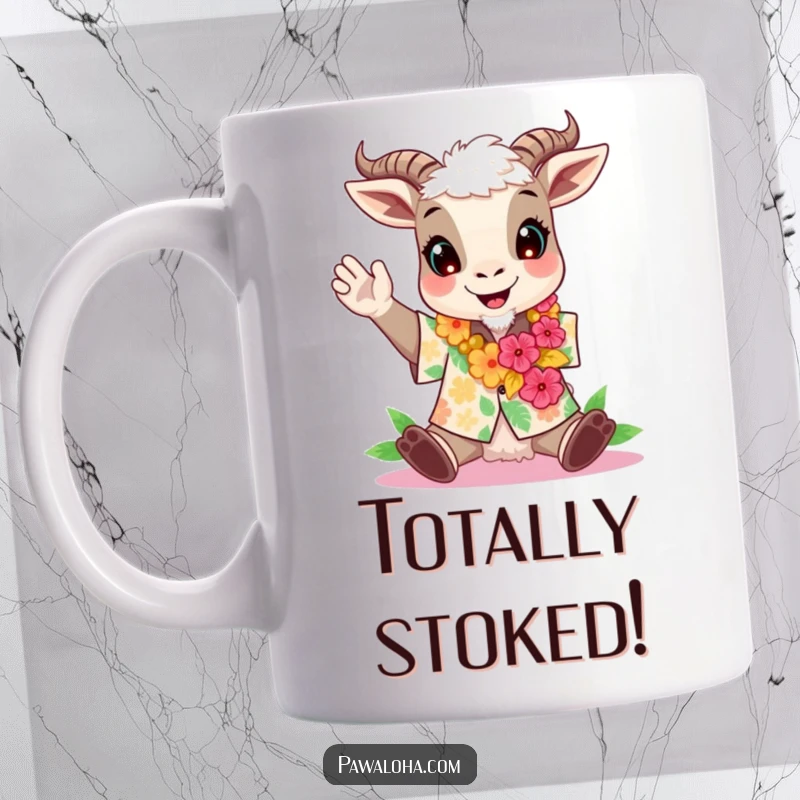 Funny mug with a goat character wearing an Aloha shirt and a lei, cheering happily.