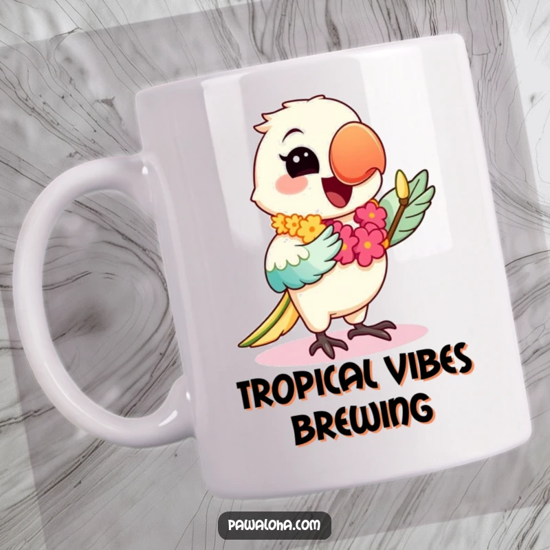 Funny mug featuring a happy kawaii parrot wearing a lei and joyfully dancing the hula, radiating tropical fun.