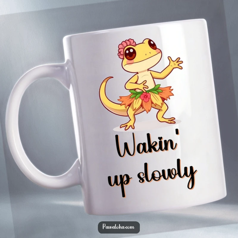 Funny Kawaii gecko wearing a hula skirt, performing a graceful island dance on a delightful coffee mug.