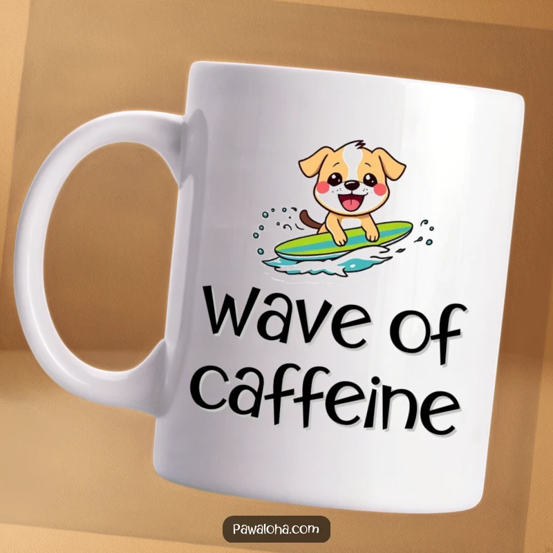 Funny mug featuring a happy surfing dog character riding a small wave with a massive grin, embodying pure canine beach bliss.