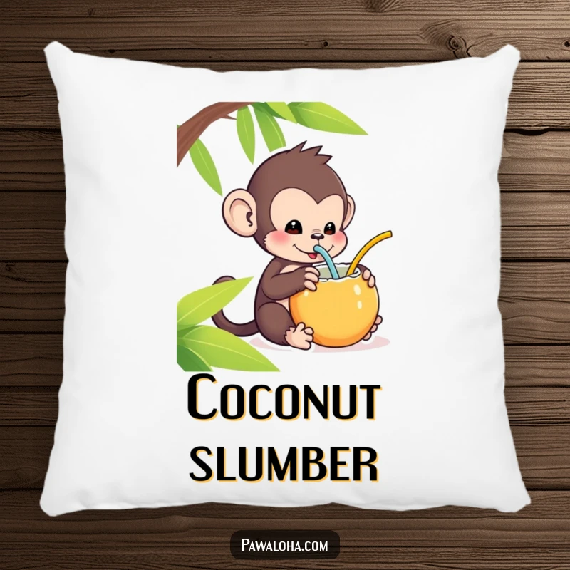 Funny Kawaii Monkey Pillow: Cute monkey sipping from a coconut with a straw, a funny and soft cushion for tropical decor.