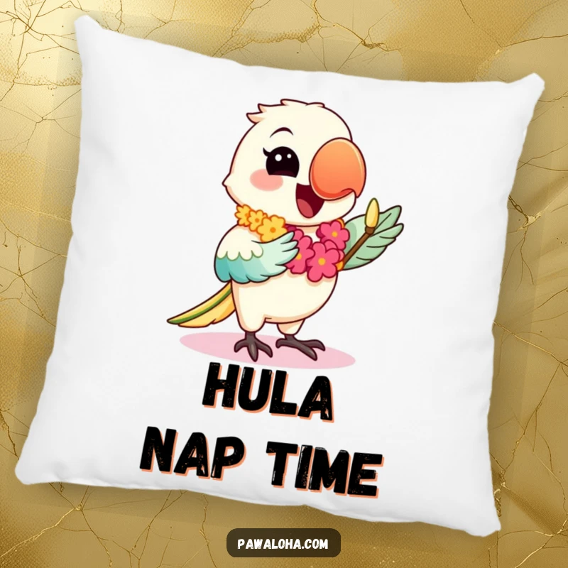 Funny pillow with a happy kawaii parrot wearing a lei and dancing the hula, providing soft, cheerful tropical decor.