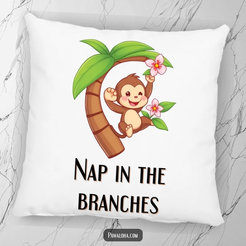 Funny pillow with a playful monkey swinging from a palm tree holding a flower, offering soft, humorous decor with a tropical theme.