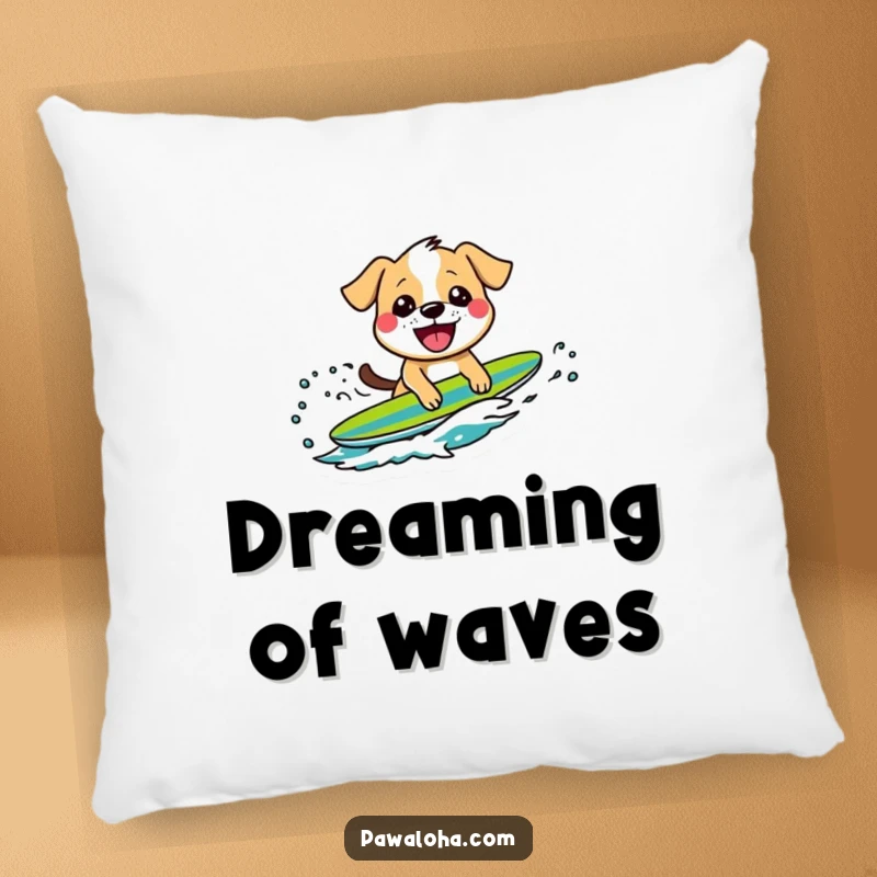 Funny pillow with a grinning dog character riding a wave, offering soft, humorous decor with a beachy, adventurous theme.