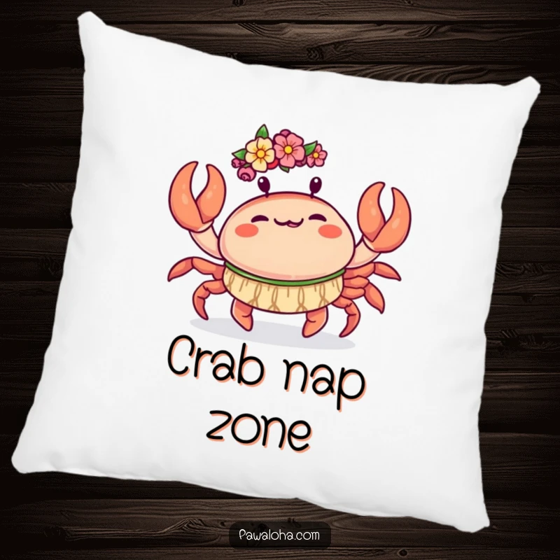 Funny Kawaii Crab Pillow: Cute crab doing a joyful hula dance with its claws, a funny and soft cushion for coastal decor.
