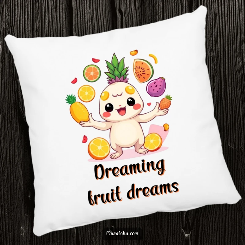 Funny creature juggling bright tropical fruits with cheerful energy on a comfortable pillow. Brings vibrant and fun vibes indoors.