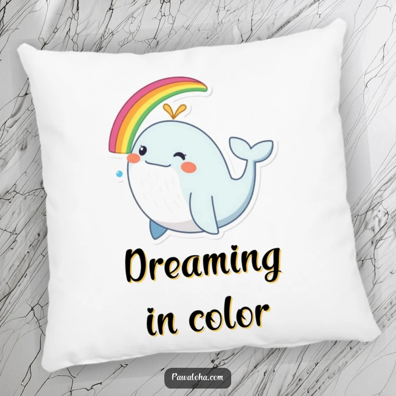 Funny whale pillow, a soft cushion featuring a happy whale spouting a rainbow, perfect for decor.