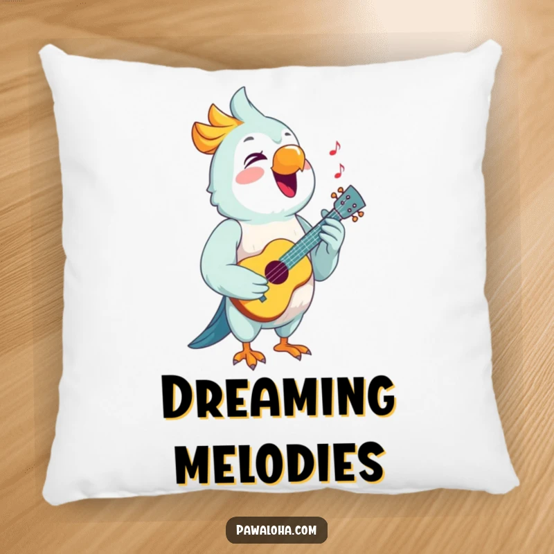 Funny Parrot Pillow featuring a singing parrot with a ukulele, adding musical cheer and comfort to any room.
