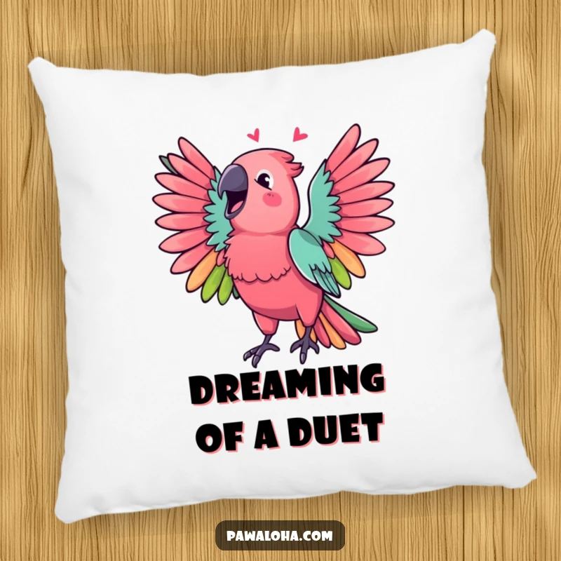 Funny Parrot Pillow featuring a vibrant parrot with wings spread, mid-song, adding cheerful and humorous decor.