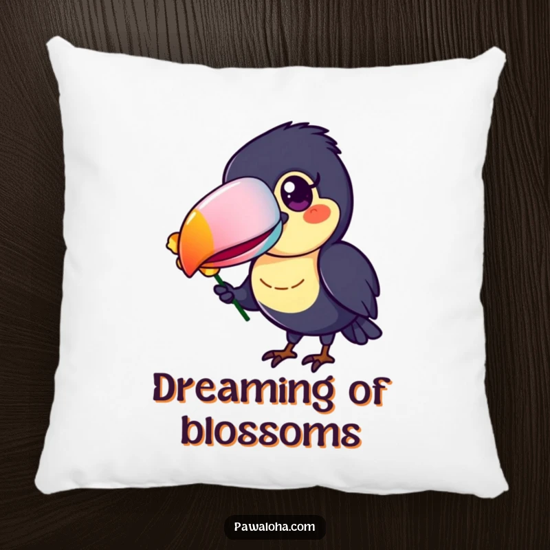 Funny Toucan Pillow featuring a cheerful toucan with a rainbow-colored beak, offering a single flower petal.