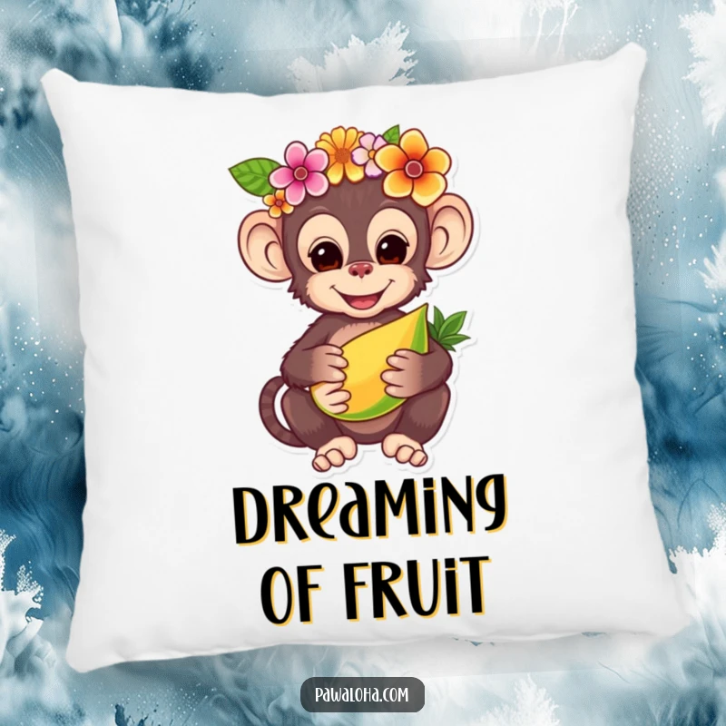 Funny decorative pillow with a charming monkey wearing a flower crown, offering a tropical fruit, bringing cozy comfort and jungle humor.