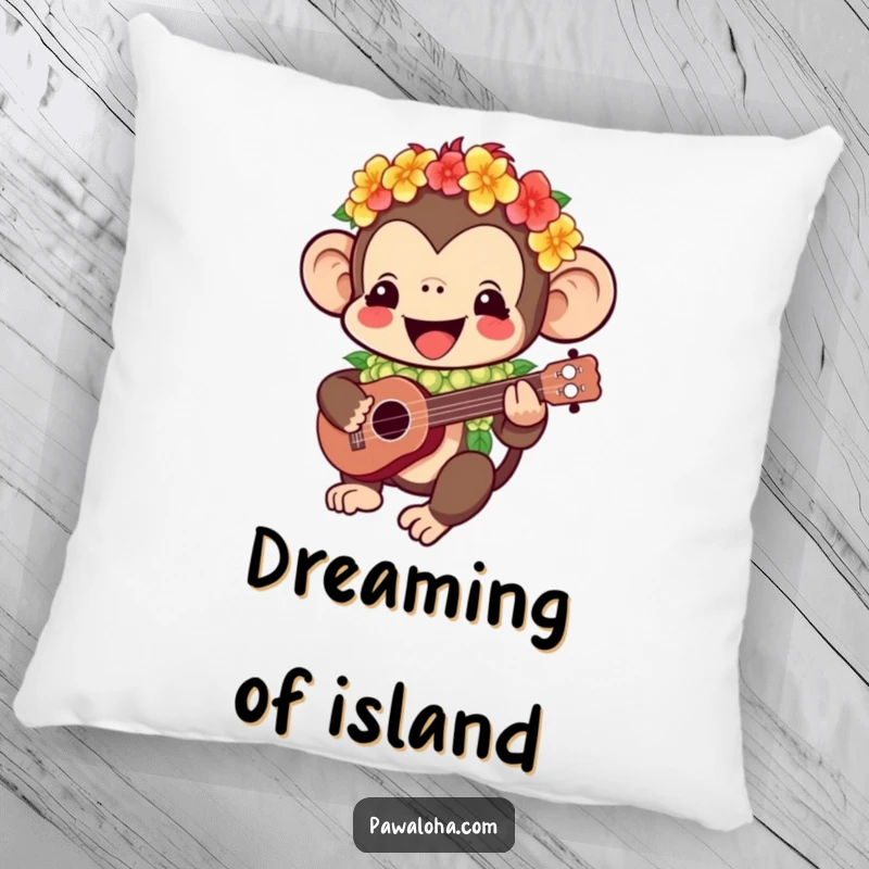 Funny Kawaii monkey pillow featuring a happy character with a lei playing a ukulele, offering cozy comfort and a humorous tropical touch.