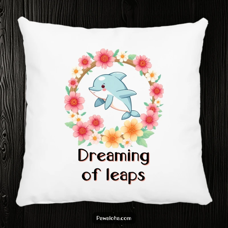 Funny Kawaii dolphin leaping through flowers, designed as a soft and huggable decorative pillow.
