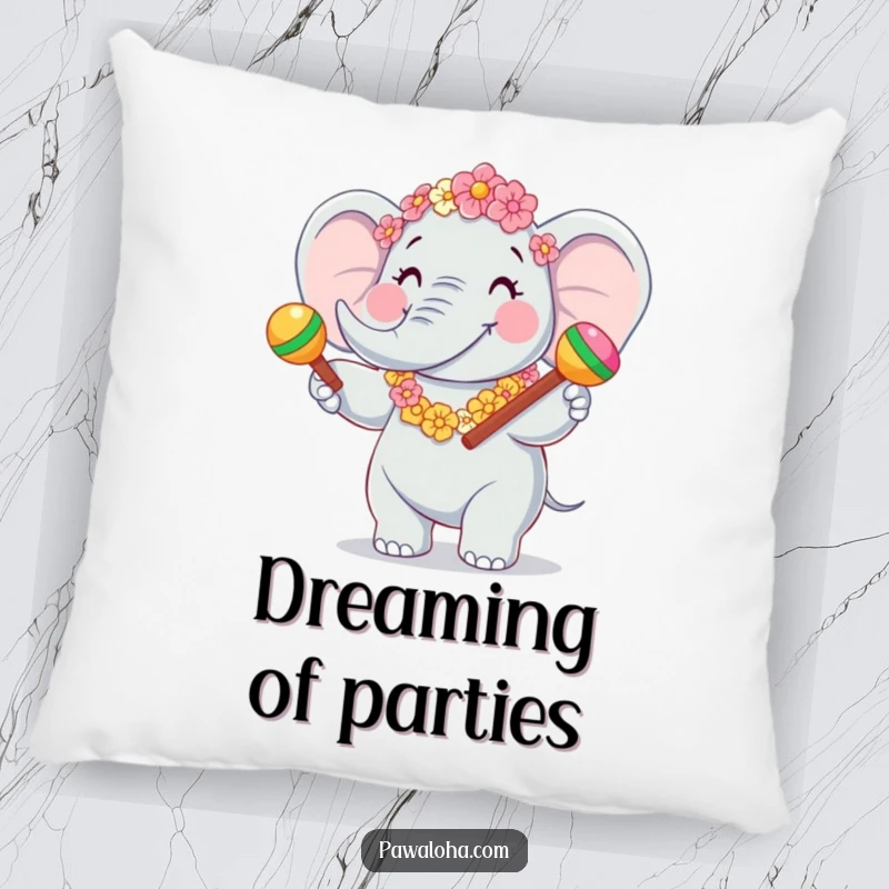 Funny Elephant Fiesta Pillow featuring a joyful elephant character with a flower garland, shaking maracas. Soft, comfortable, and festive.